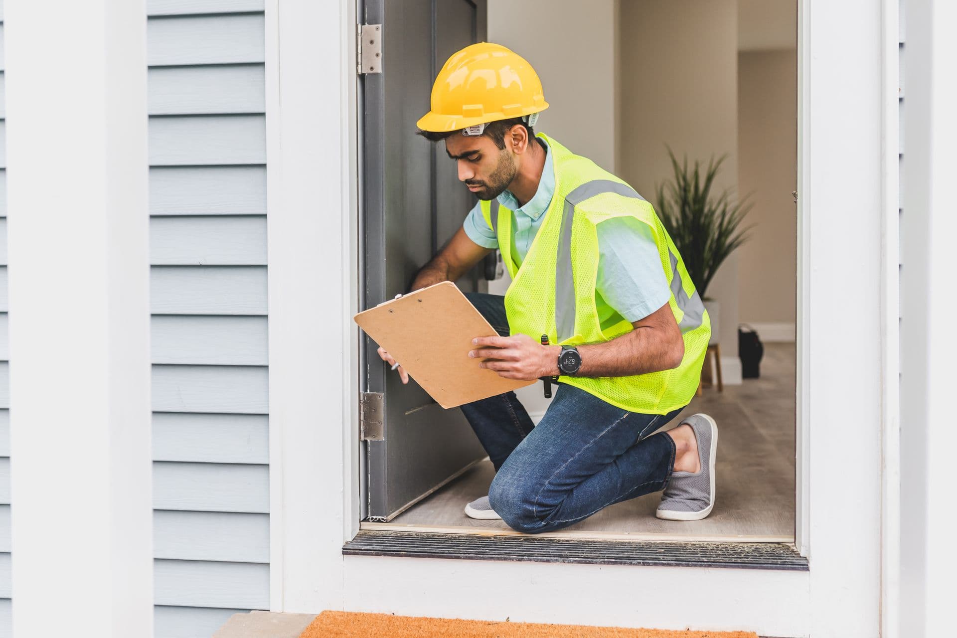 A home inspector in safety gear examining a house interior during an inspection